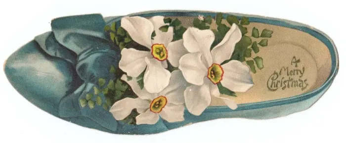 Framed Print : White flowers in a shoe-shaped Christmas card Framed Print : White flowers in a shoe-shaped Christmas card