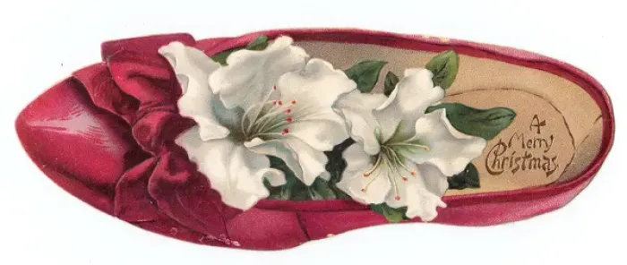 Framed Print : White flowers in a shoe-shaped Christmas card Framed Print : White flowers in a shoe-shaped Christmas card