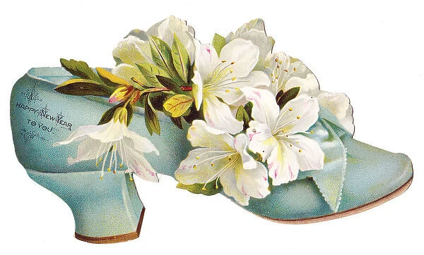 White flowers in a shoe-shaped New Year card