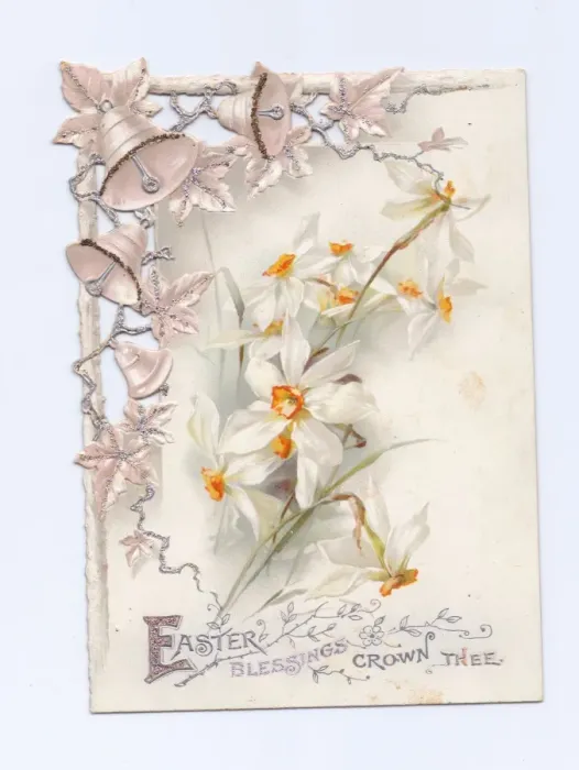 Framed Print : White flowers and silver bells on an Easter card Framed Print : White flowers and silver bells on an Easter card