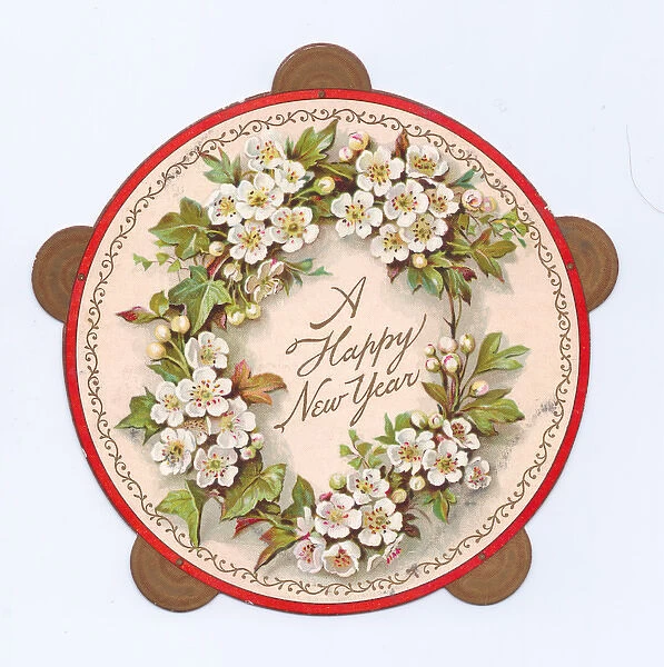 White flowers on a tambourine-shaped New Year card