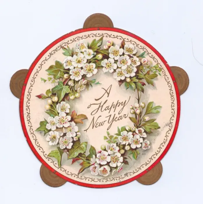 Framed Print : White flowers on a tambourine-shaped New Year card Framed Print : White flowers on a tambourine-shaped New Year card