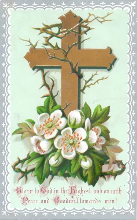 Framed Print : White flowers, thorns and a cross on a Christmas card Framed Print : White flowers, thorns and a cross on a Christmas card