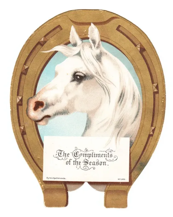 Framed Print : White horses head on a horseshoe-shaped Christmas card Framed Print : White horses head on a horseshoe-shaped Christmas card