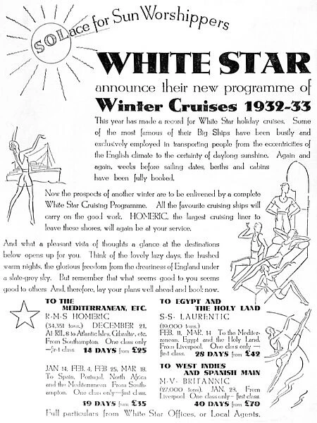 White Star advertisement for winter cruises