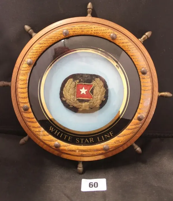 Framed Print : White Star Line, embroidered badge in oak frame Framed Print : White Star Line, embroidered badge in oak frame