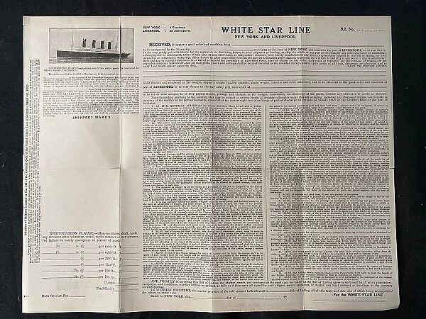 White Star Line - printed bill of freight receipt