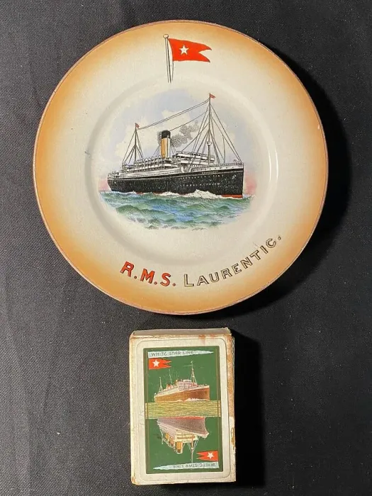Framed Print : White Star Line - RMS Laurentic plate, pack of playing cards Framed Print : White Star Line - RMS Laurentic plate, pack of playing cards