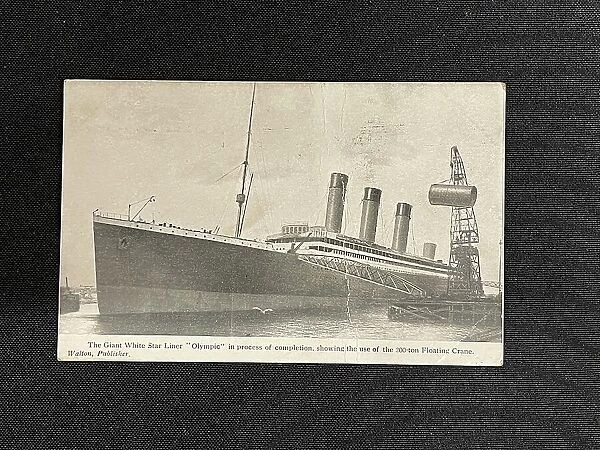 White Star Line, RMS Olympic, with crane, on a postcard