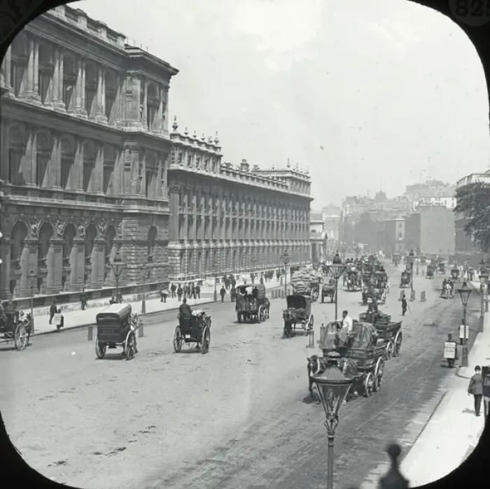 Framed Print : Whitehall - view down whitehall people, companies goods vehicles 2 men wearing palackards Framed Print : Whitehall - view down whitehall people, companies goods vehicles 2 men wearing palackards