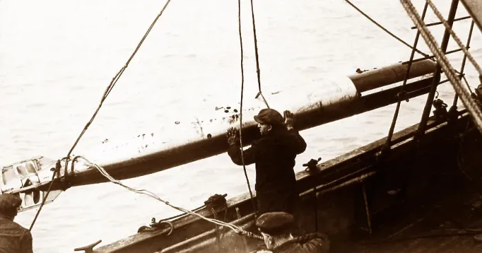 Framed Print : A Whitehead Torpedo being recovered probably WW1 Framed Print : A Whitehead Torpedo being recovered probably WW1