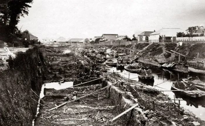 Framed Print : Widening a canal, construction work, Homura, Japan, circa 1870s. Date: circa 1870s Framed Print : Widening a canal, construction work, Homura, Japan, circa 1870s. Date: circa 1870s
