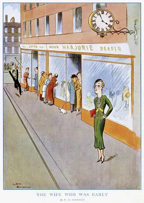 Framed Print : A wife who is unusually early alarming her husband. Bateman (1887-1970) was a popular artist and regularly contributed to the Sketch, the Tatler and the Bystander Framed Print : A wife who is unusually early alarming her husband. Bateman (1887-1970) was a popular artist and regularly contributed to the Sketch, the Tatler and the Bystander