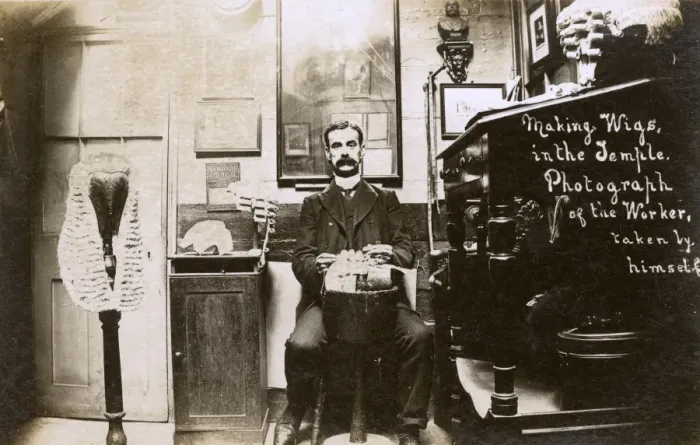Framed Print : Wigmaker making a wig for the legal profession Framed Print : Wigmaker making a wig for the legal profession
