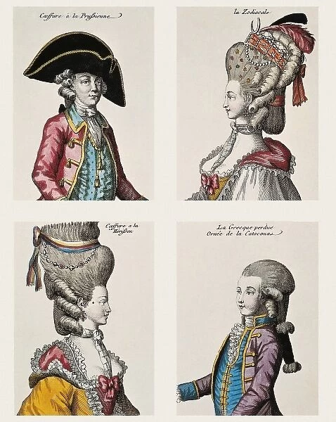 Four wigs: Prussian-style, zodiacal-style, hedgehog-style