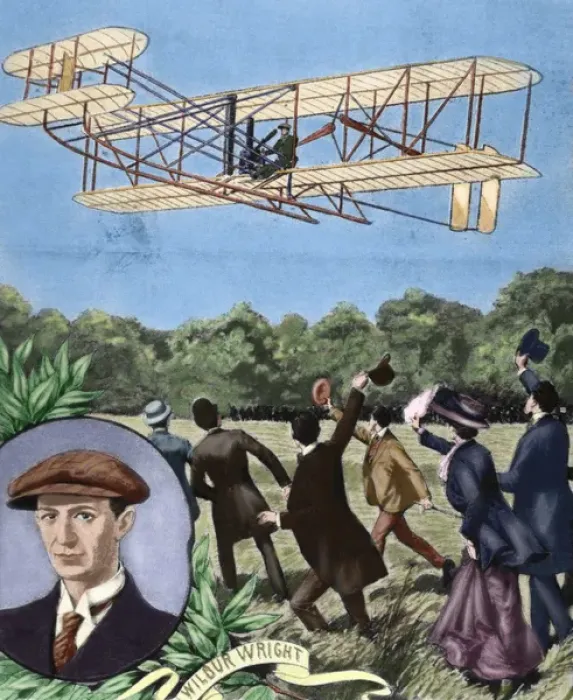Framed Print : Wilbur Wright (1867-1912). Plane flying. France. Colored en Framed Print : Wilbur Wright (1867-1912). Plane flying. France. Colored en