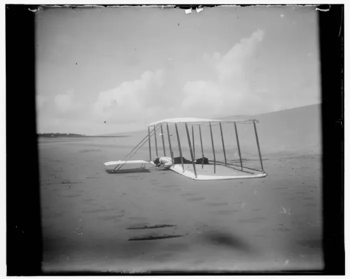 Framed Print : Wilbur Wright in prone position on glider just after landing Framed Print : Wilbur Wright in prone position on glider just after landing