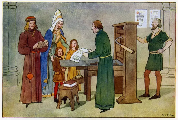 Framed Print : William Caxton checking a proof Framed Print : William Caxton checking a proof