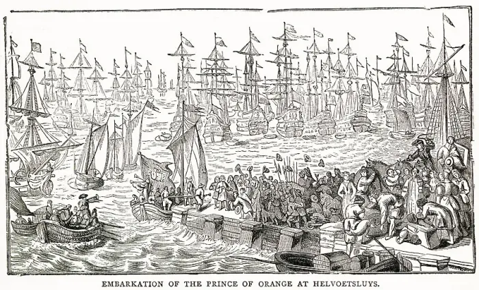 Framed Print : William's III's fleet embarked from Holland, and Landed at Torbay. Date: November 1688 Framed Print : William's III's fleet embarked from Holland, and Landed at Torbay. Date: November 1688