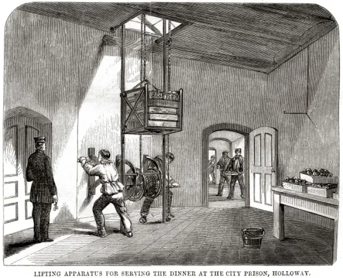 Framed Print : Winch-operated dinner lift at Holloway Prison Framed Print : Winch-operated dinner lift at Holloway Prison
