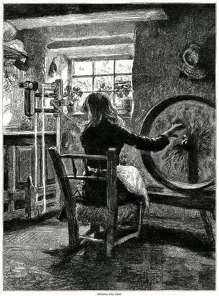 Winding weft at a spinning wheel in Northern Ireland