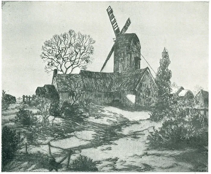 Framed Print : Windmill. An etching of a tall windmill, erected behind a group of simple Framed Print : Windmill. An etching of a tall windmill, erected behind a group of simple
