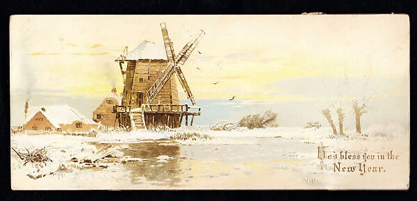 Windmill in the snow on a New Year card