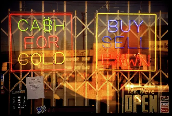 Framed Print : Window of Los Angeles pawn shop with neon, USA Framed Print : Window of Los Angeles pawn shop with neon, USA