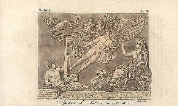 A winged genius carries Emperor Antoninus Pius to heaven