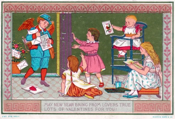 Framed Print : Winged postman with letters on a New Year card Framed Print : Winged postman with letters on a New Year card
