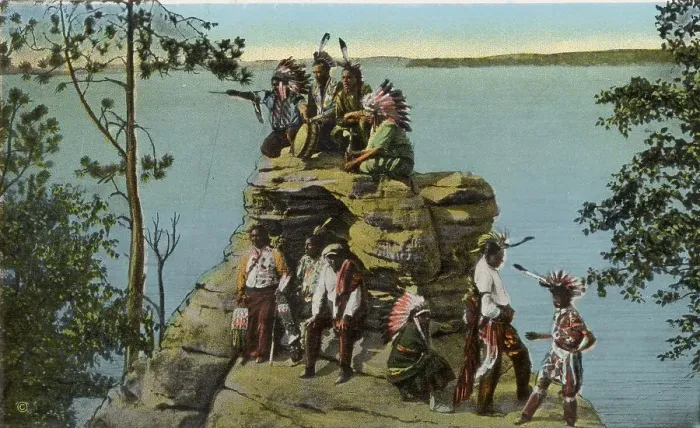 Framed Print : Winnebago Indians at Demon's Anvil, Wisconsin River, Wisconsin, USA Date: 1932 Framed Print : Winnebago Indians at Demon's Anvil, Wisconsin River, Wisconsin, USA Date: 1932