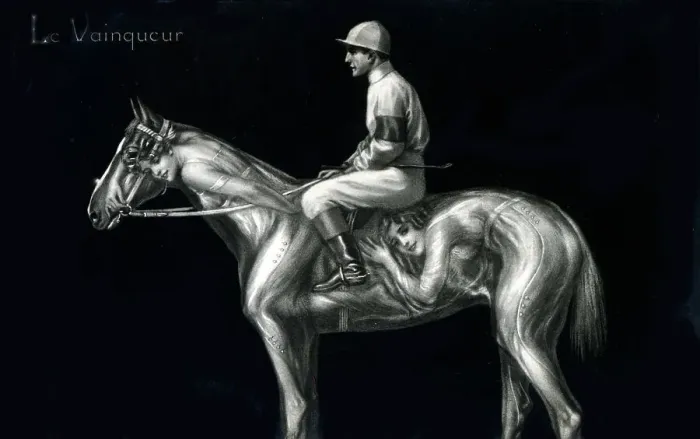 Framed Print : The Winner - Optical Illusion. A Jockey on Horseback - his steed can also be seen as two scantily-clad beauties Date: circa 1910s Framed Print : The Winner - Optical Illusion. A Jockey on Horseback - his steed can also be seen as two scantily-clad beauties Date: circa 1910s