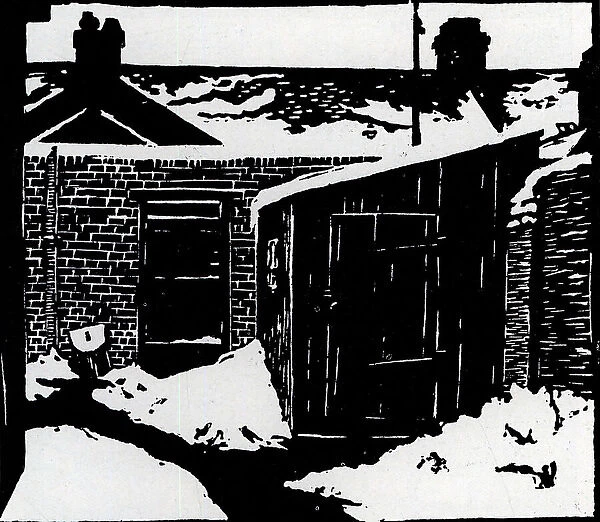 Winter. Lino cut emphasizing the winter season upon a simple town back garden with shed