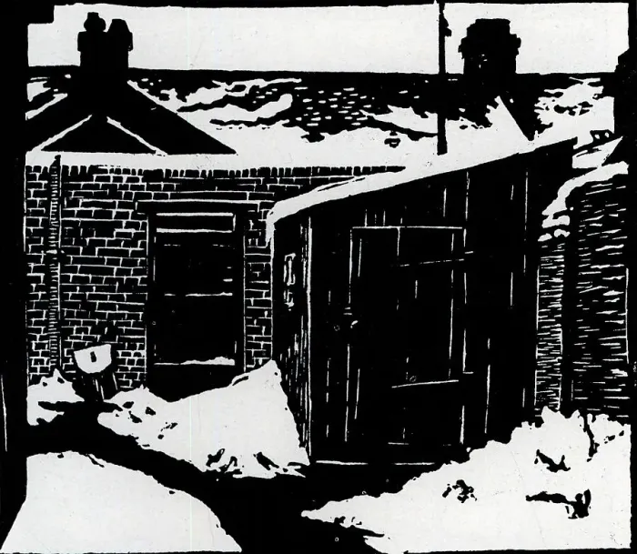Framed Print : Winter. Lino cut emphasizing the winter season upon a simple town back garden with shed Framed Print : Winter. Lino cut emphasizing the winter season upon a simple town back garden with shed