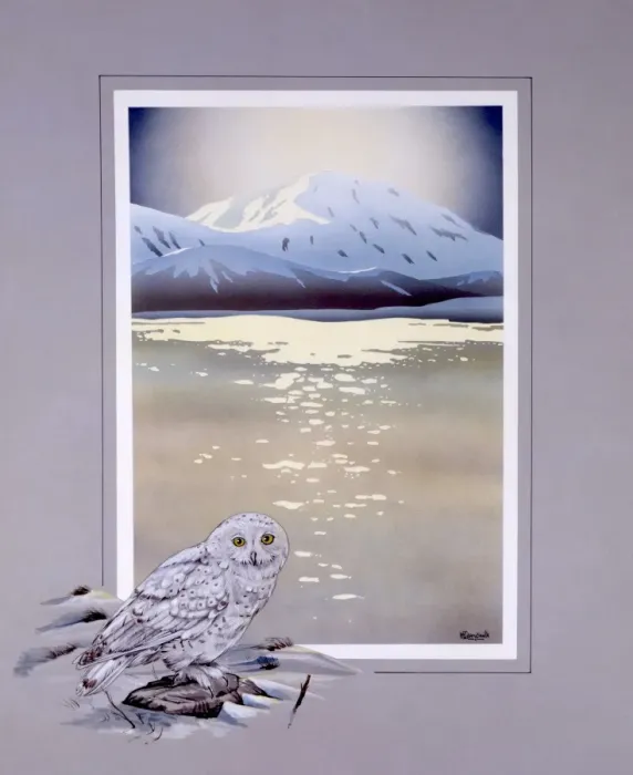 Framed Print : Winter lake with mountains with Snowy Owl Framed Print : Winter lake with mountains with Snowy Owl