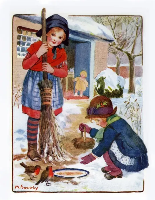 Framed Print : Winter scene. Feeding robins Framed Print : Winter scene. Feeding robins
