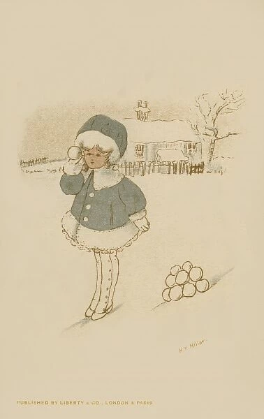 Winter scene. Girl with snowballs