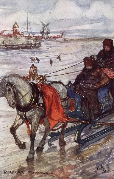 Winter scene in Holland - horse-drawn sleigh