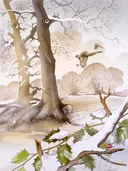 Framed Print : Winter scene with holly and birds Framed Print : Winter scene with holly and birds