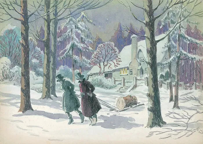 Framed Print : Winter scene - Pulling Yule Log Framed Print : Winter scene - Pulling Yule Log