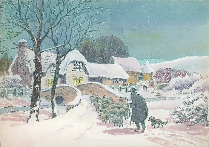 Framed Print : Winter scene with sheep and shepherd Framed Print : Winter scene with sheep and shepherd