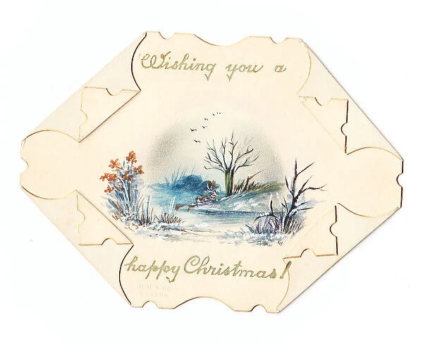 Wintry scene on a cutout Christmas card