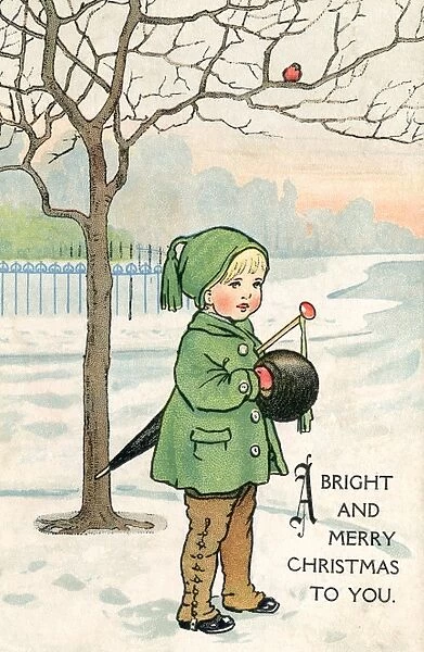Wintry scene with little boy and robin