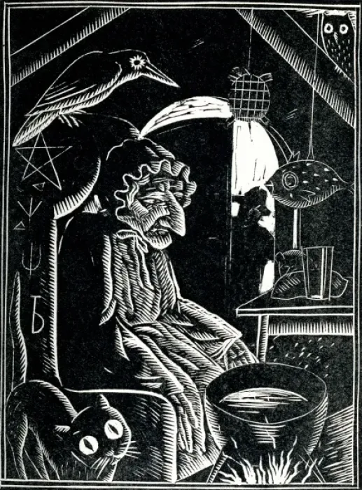 Framed Print : A witch sits by her cauldron surrounded by wildlife Framed Print : A witch sits by her cauldron surrounded by wildlife