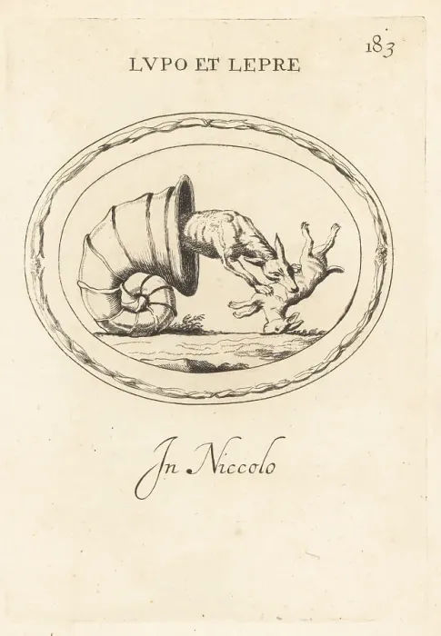 Framed Print : A wolf hiding in a snail's shell to attack a hare Framed Print : A wolf hiding in a snail's shell to attack a hare