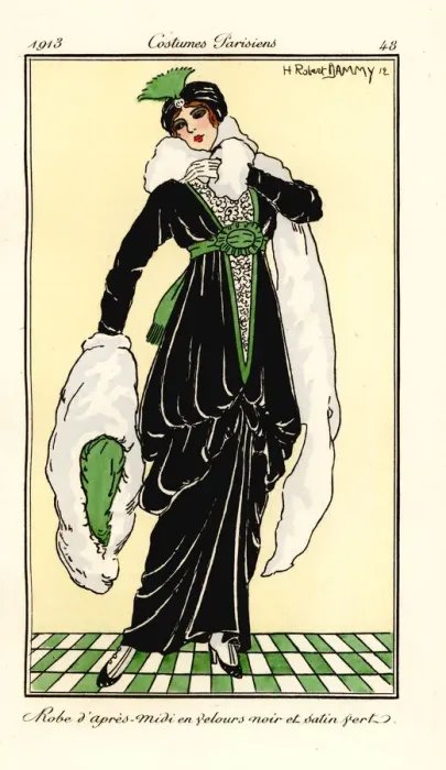 Framed Print : Woman in afternoon dress of black velvet and green satin Framed Print : Woman in afternoon dress of black velvet and green satin