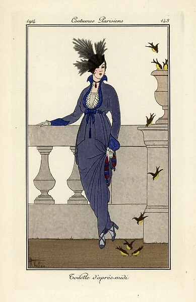 Woman in afternoon dress and hat watching birds
