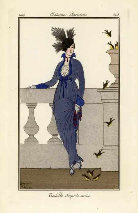 Framed Print : Woman in afternoon dress and hat watching birds Framed Print : Woman in afternoon dress and hat watching birds