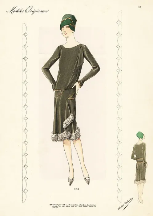 Framed Print : Woman in afternoon dress of velvet chiffon with Karakul wool tri Framed Print : Woman in afternoon dress of velvet chiffon with Karakul wool tri