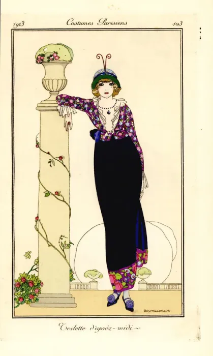 Framed Print : Woman in afternoon outfit leaning on a column, 1913 Framed Print : Woman in afternoon outfit leaning on a column, 1913